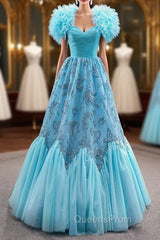 Blue Sweetheart Tulle Appliques Beading Pleats Evening Prom Dress