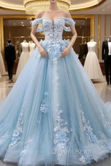 Blue Sweetheart Tulle Lace Long Evening Prom Dress, Blue Wedding Dress