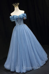 Blue Sweetheart Tulle Long Evening Dress, Off the Shoulder Evening Graduation Dress
