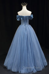 Blue Sweetheart Tulle Long Evening Dress, Off the Shoulder Evening Graduation Dress
