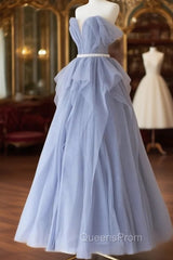 Blue Sweetheart Tulle Off-the-Shoulder Floor-Length Evening Prom Dress, Blue Evening Gown