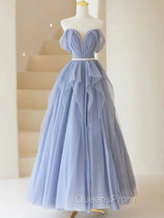 Blue Sweetheart Tulle Off-the-Shoulder Floor-Length Evening Prom Dress, Blue Evening Gown