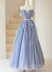 Blue Sweetheart Tulle Off-the-Shoulder Floor-Length Evening Prom Dress, Blue Evening Gown