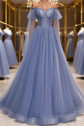 Blue sweetheart tulle sequin long Evening Prom Dress blue formal Dress