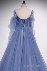 Blue sweetheart tulle sequin long Evening Prom Dress blue formal Dress