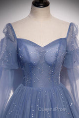 Blue sweetheart tulle sequin long Evening Prom Dress blue formal Dress