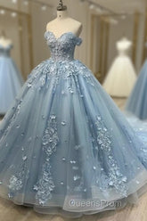 Blue Sweetheart Tulle with Lace Applique Off Shoulder Party Dress, Blue Sweet 16 Dress