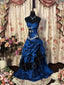 Blue Taffeta With Lace Strapless Long Classy Dress, Blue Taffeta Sweetheart Classy Prom Dress