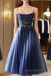 Blue Tea Length Tulle Evening Prom Dress, Blue Tulle Bridesmaid Dress