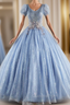 Blue Tule Sequins Short Sleeve Quinceanera Dress