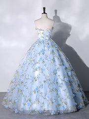 Blue Tulle 3 D Applique Long Evening Prom Dress, Blue Formal Evening Dress