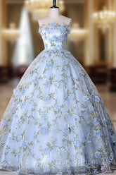 Blue Tulle 3 D Applique Long Evening Prom Dress, Blue Formal Evening Dress