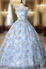 Blue Tulle 3 D Applique Long Evening Prom Dress, Blue Formal Evening Dress