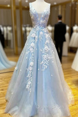 Blue Tulle 3D Appliques V-neck Evening Prom Dress