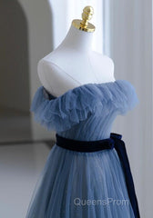 Blue Tulle A-Line Off Shoulder Long Party Dress, Blue Scoop Evening Prom Dress Evening Dress