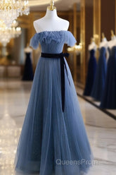 Blue Tulle A-Line Off Shoulder Long Party Dress, Blue Scoop Evening Prom Dress Evening Dress