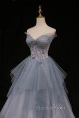 Blue Tulle A-Line Strapless Long Evening Prom Dress, Blue Evening Party Dress