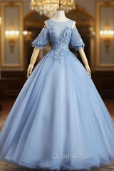 Blue Tulle Appliques Beading Short Sleeve Quinceanera Dress