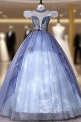 Blue Tulle Appliques See Through Back Quinceanera Dress