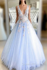 Blue Tulle Appliques V-neck Evening Prom Dress