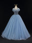 Blue Tulle Backless Beading Bow Evening Prom Dress