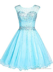 Blue Tulle Backless Beading Crystal Short Homecoming Party Dress