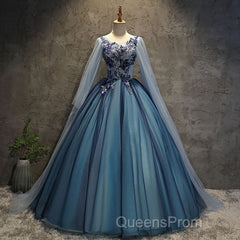 Blue Tulle Ball Gown Long Sweet 16 Dress With Lace Applique, Evening Prom Dress