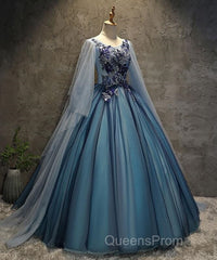 Blue Tulle Ball Gown Long Sweet 16 Dress With Lace Applique, Evening Prom Dress