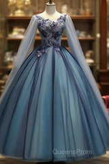 Blue Tulle Ball Gown Long Sweet 16 Dress With Lace Applique, Evening Prom Dress