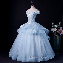 Blue Tulle Ball Gown Off Shoulder Layers Sweet 16 Dress, Blue Evening Dress with Lace