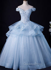 Blue Tulle Ball Gown Off Shoulder Layers Sweet 16 Dress, Blue Evening Dress with Lace