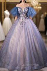 Blue Tulle Ball Gown Off the Shoulder Quinceanera Dress