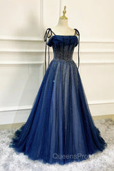 Blue Tulle Beaded Long A-Line Evening Prom Dress, Blue Spaghetti Straps Evening Dress