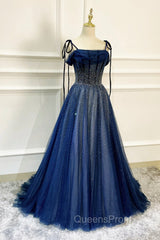 Blue Tulle Beaded Long A-Line Evening Prom Dress, Blue Spaghetti Straps Evening Dress