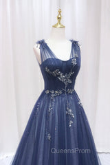 Blue Tulle Beaded Long Evening Prom Dress, Blue A-Line Evening Party Dress