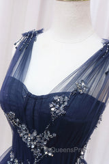 Blue Tulle Beaded Long Evening Prom Dress, Blue A-Line Evening Party Dress