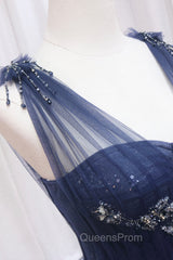 Blue Tulle Beaded Long Evening Prom Dress, Blue A-Line Evening Party Dress