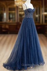 Blue Tulle Beaded Long Evening Prom Dress Evening Dress, Blue Evening Dress