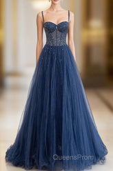 Blue Tulle Beaded Long Evening Prom Dress Evening Dress