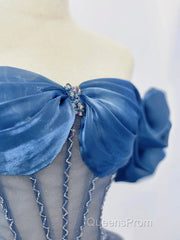 Blue Tulle Beaded Long Evening Prom Dress, Off The Shoulder Evening Party Dress