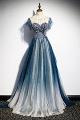 Blue Tulle Beading Long A-Line Evening Prom Dress, Scoop Neckline Evening Dress