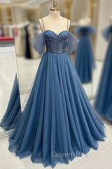 Blue Tulle Beading Spaghetti Straps Evening Prom Dress