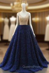Blue Tulle Beading V-neck Evening Prom Dress