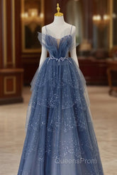 Blue Tulle Beads Long Ball Gown Dress Blue Evening Dress