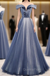 Blue Tulle Beads Long Evening Prom Dress, Blue Tulle Evening Dress