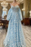 Blue Tulle Butterfly Long Sleeve Evening Prom Dress