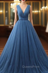 Blue Tulle Deep V-neck Pleats Beading Evening Prom Dress