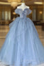 Blue Tulle Floor Length Evening Prom Dress, Off the Shoulder Evening Dress with 3D Flowers