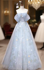 Blue Tulle Flower Off the Shoulder Evening Prom Dress