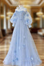 Blue Tulle Flowers Long Evening Prom Dress, Lovely A-Line Puff Sleeve Evening Dress